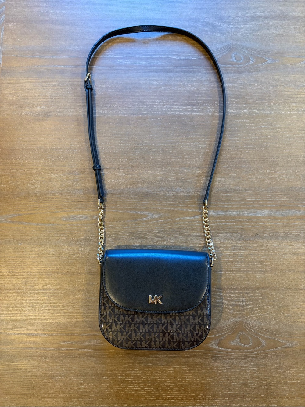Michael Kors Black & Brown Monogram Crossbody with Gold Hardware